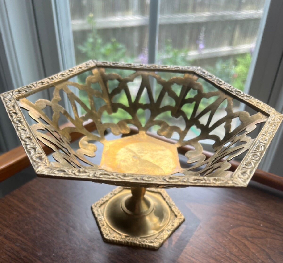 Vintage Brass Pedestal Bowl with Ornate Cut Out Design & Floral Motif 9" x 5”