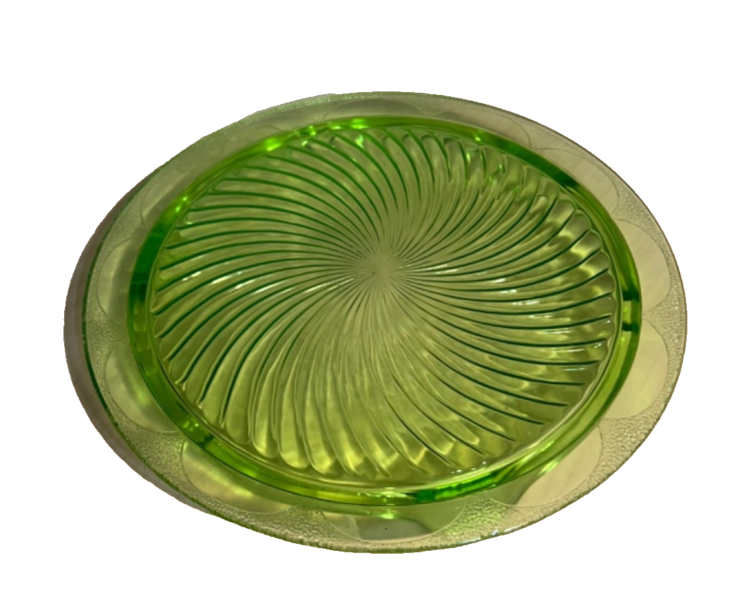 VTG Green Uranium Depression Glass Cake Plate Swirl Footed 10"