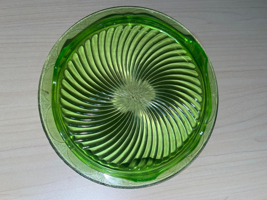 VTG Green Uranium Depression Glass Cake Plate Swirl Footed 10"