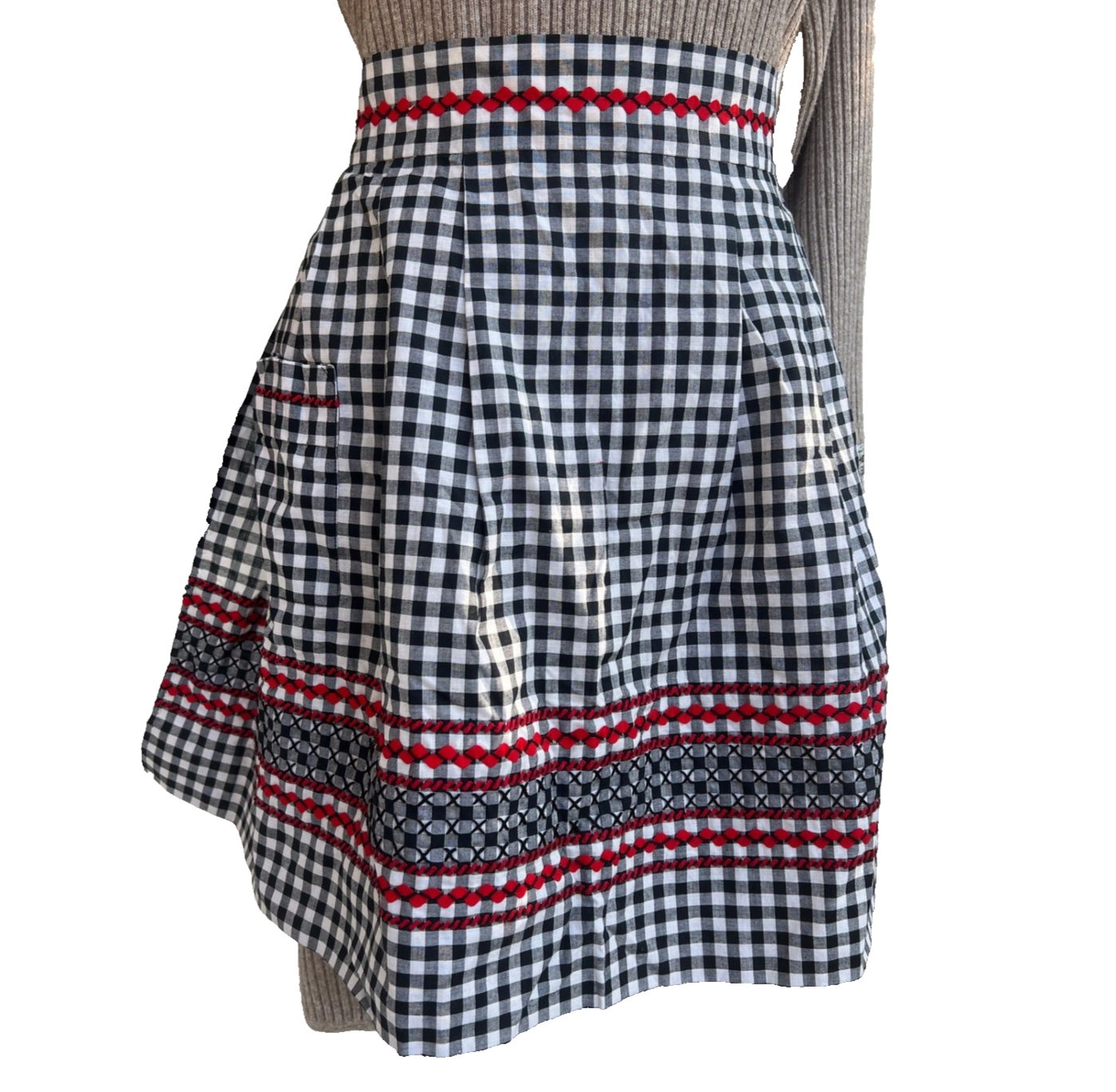 Dreamy Vintage Black White Gingham Tie Back Apron with Red Rick Rack Detail