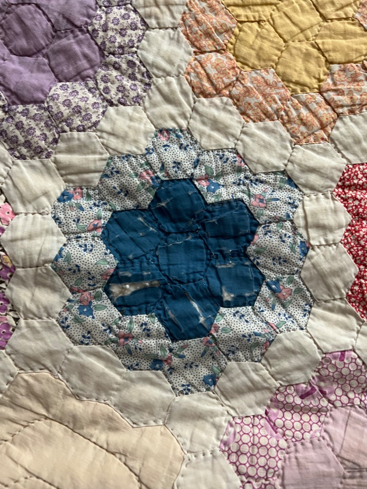 1930's Grandmother's Flower Garden Antique Quilt 80x79