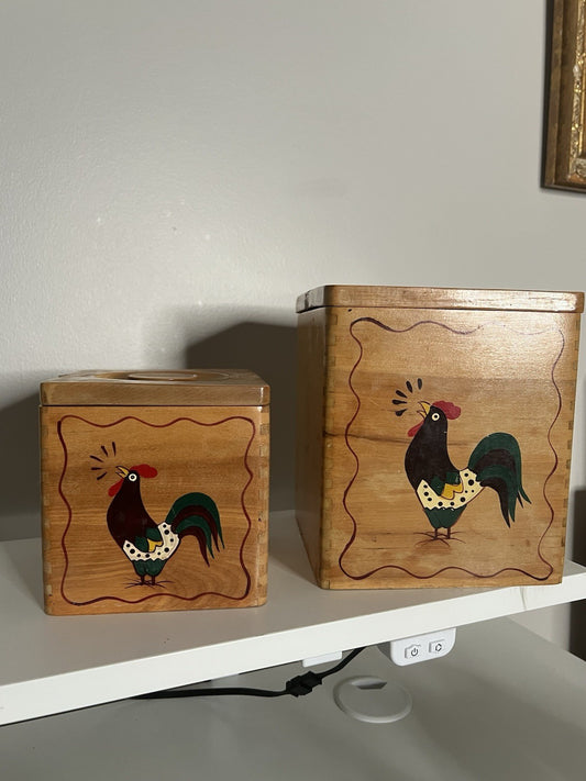 Vintage Holly-Woodware Canisters (2) Handpainted Rooster w/Trim Nestled, Awesome