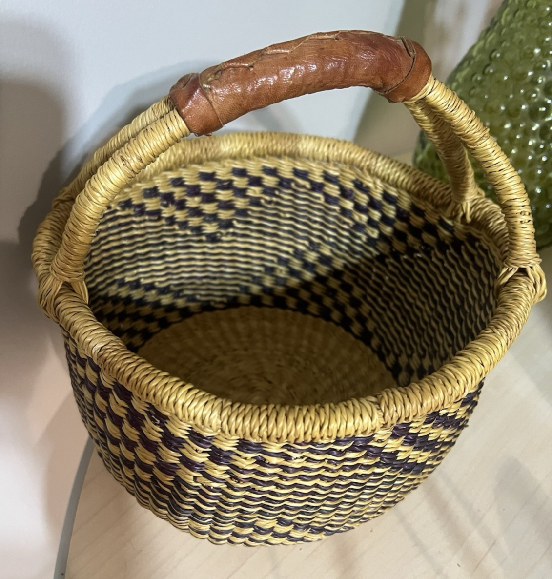 Bolga African Market Basket Hand Woven With Leather Wrapped Handle 8.5"