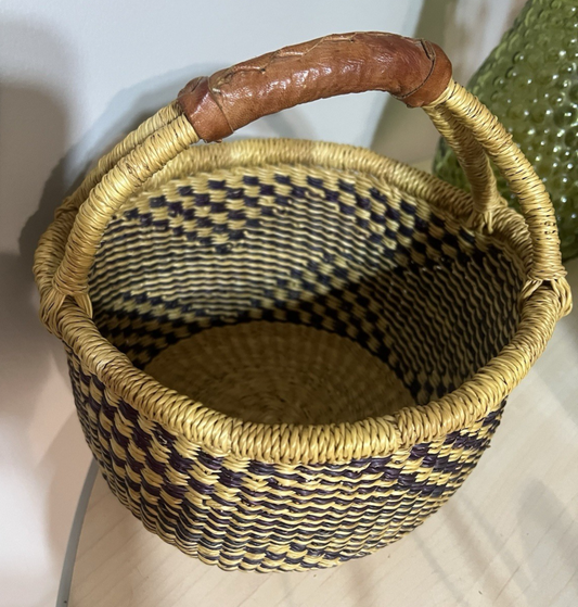 Bolga African Market Basket Hand Woven With Leather Wrapped Handle 8.5"