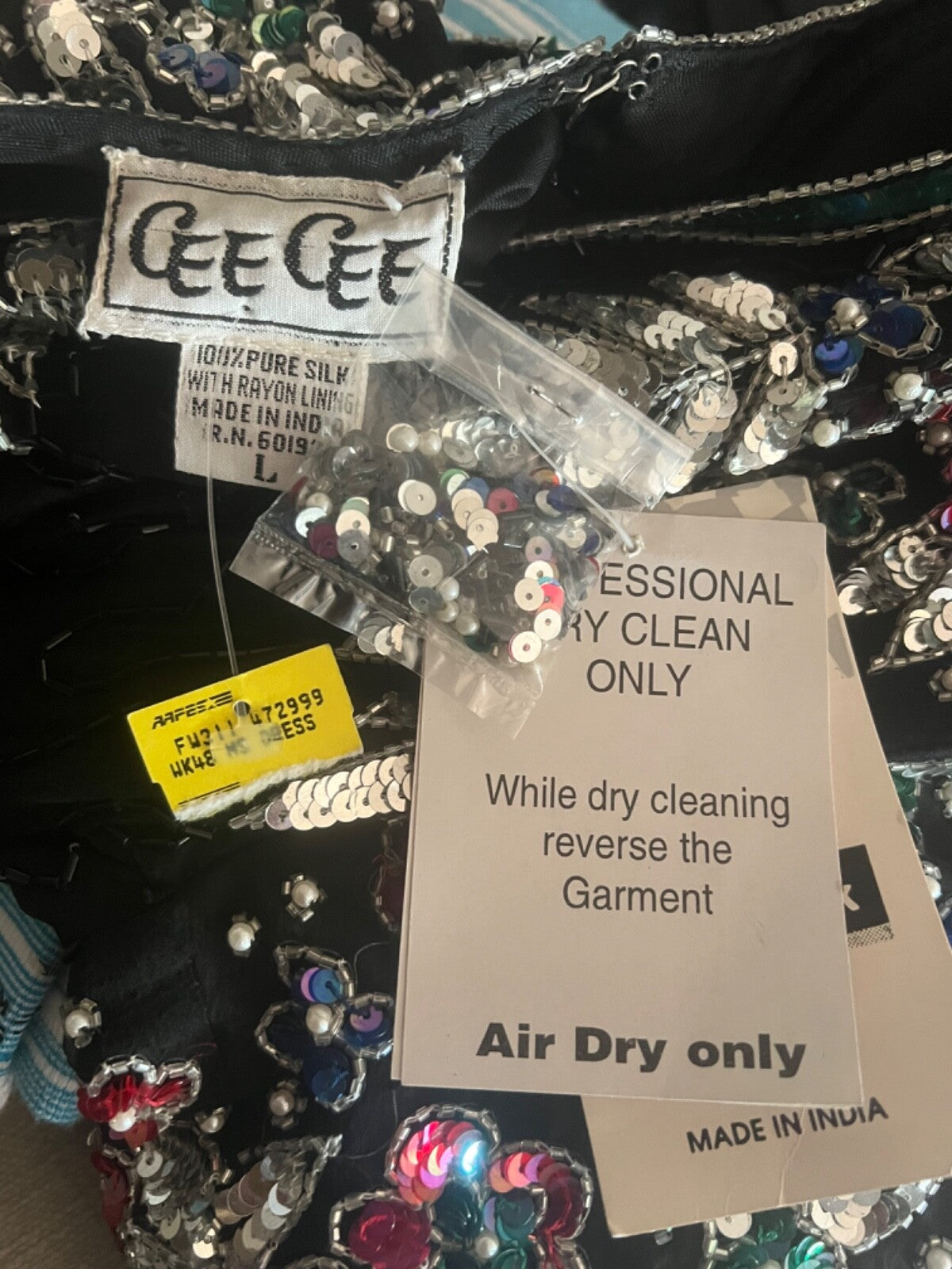 RARE NWT Vintage Cee Cee Black Silk Beaded Sequin Dress Cutout Back Cruise