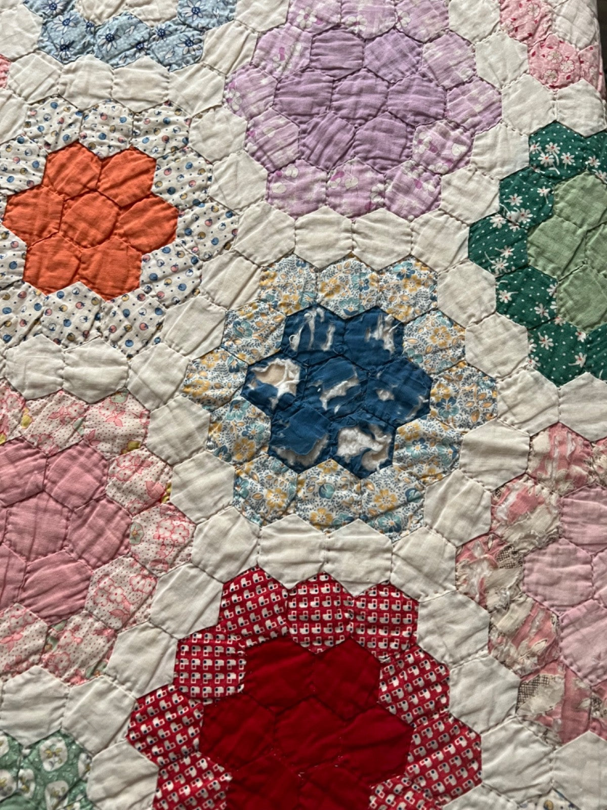 1930's Grandmother's Flower Garden Antique Quilt 80x79