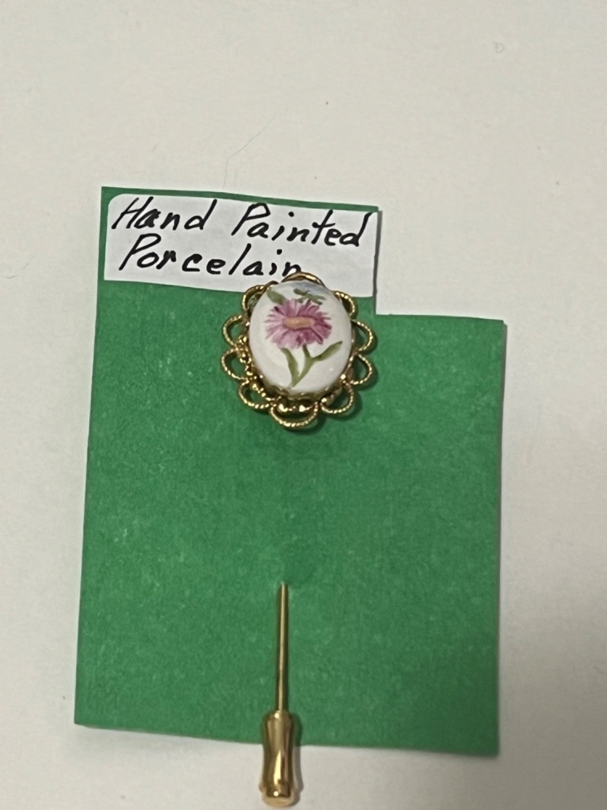 Antique Victorian Hand Painted Porcelain Floral Stick Pin Brooch