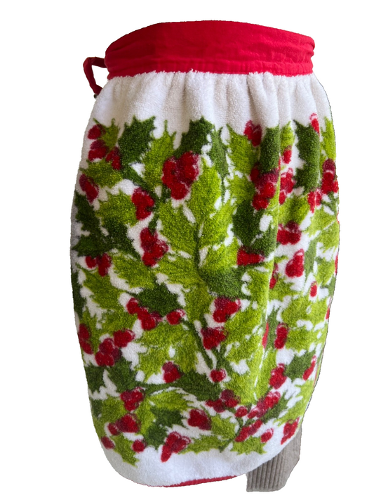 Vintage 1960s Christmas Holly Half Apron 60s Terry Cloth New Old Stock