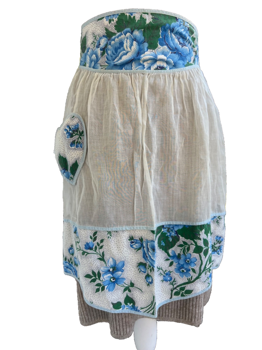 Vintage Blue Floral Half Apron with Heart Pocket, GORGEOUS!