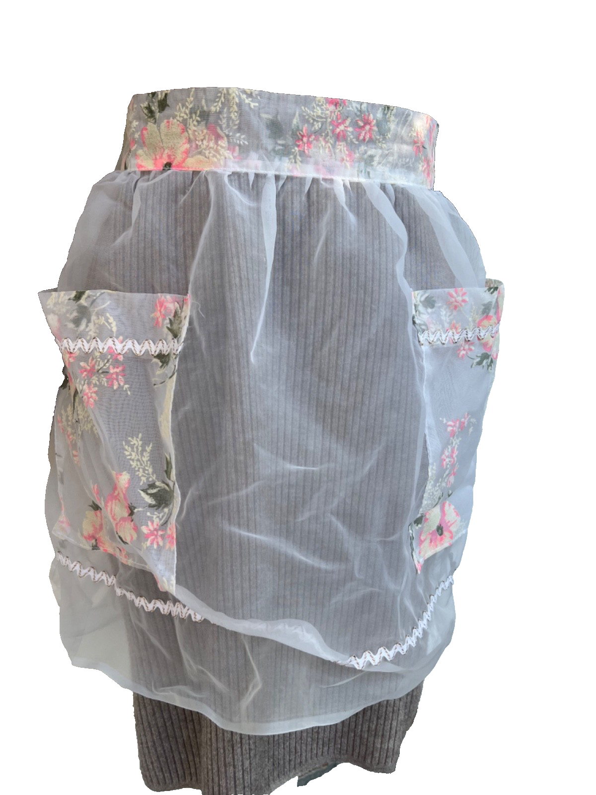 Vintage Pink Sheer Organza with Floral & Rick Rack Trim Half Apron