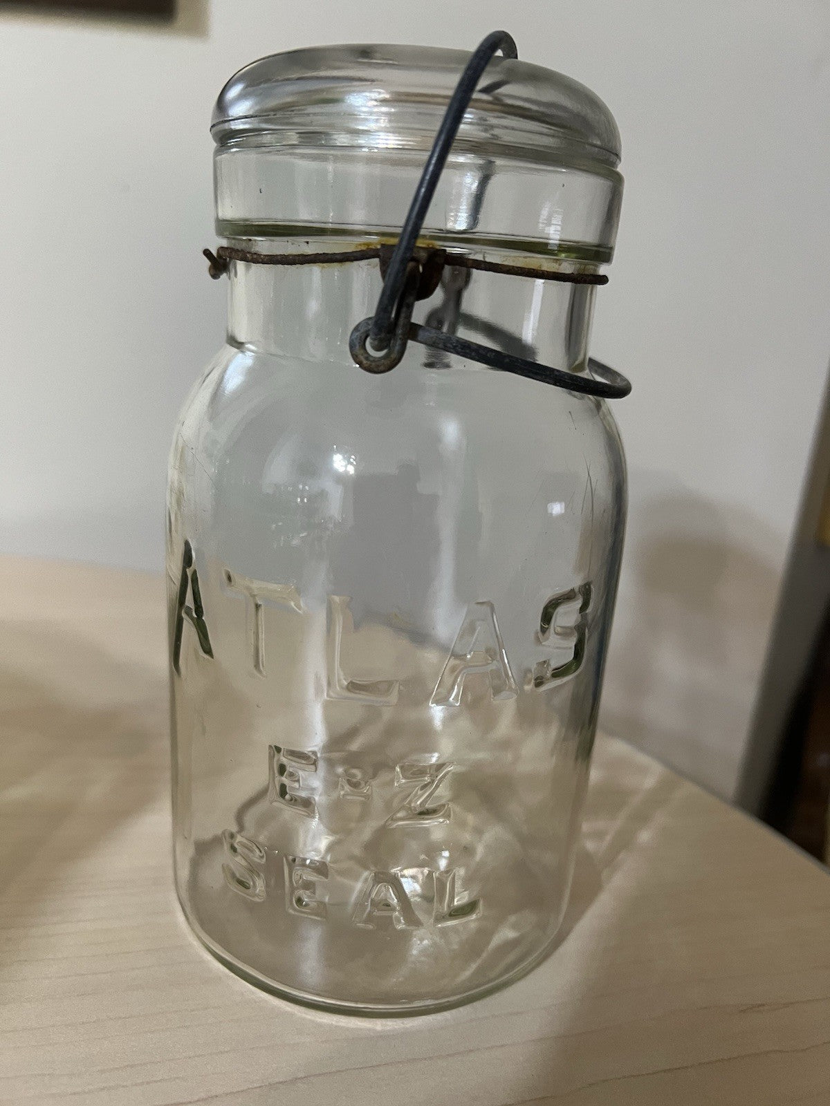 Vintage Atlas E Z Seal Quart Clear Mason Jar - Wire Bail Glass Lid