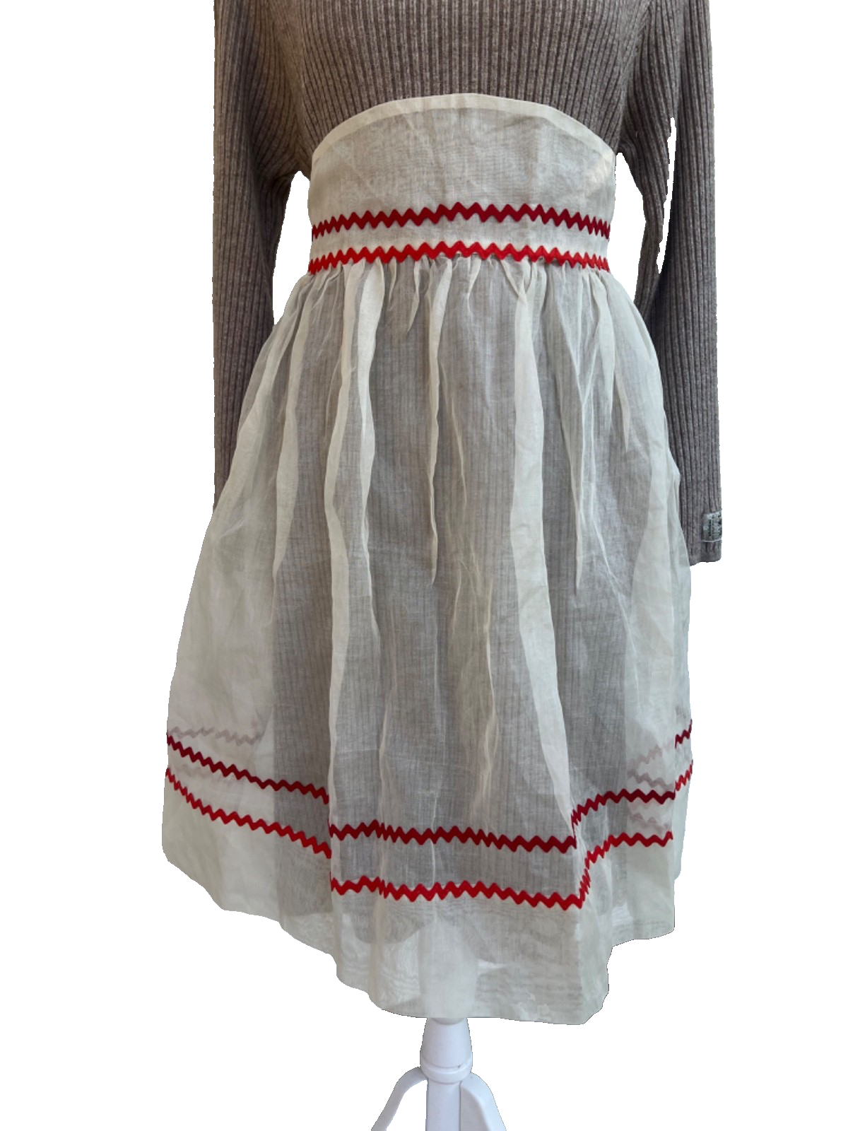 Vintage White Organza Tie Back Apron with Red Rick Rack Detail