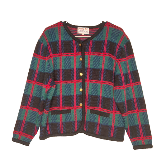 Vintage Tally Ho Creation Pollak Cardigan Sweater LARGE Button Plaid