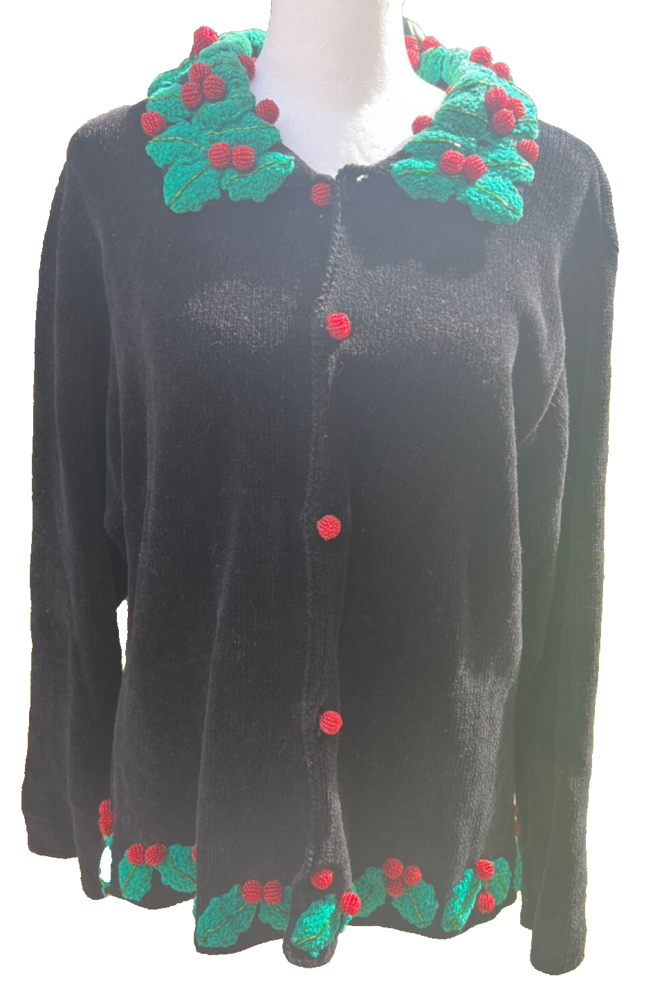 Vintage 90s Belle Pointe Womens Christmas Cardigan Sz L Black Chenille Beaded 3D