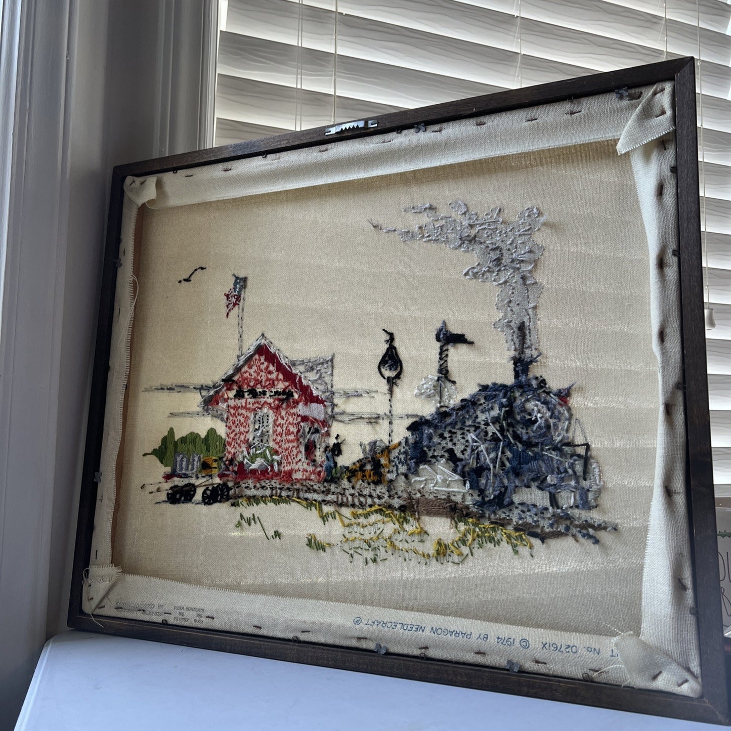 Vintage 1974 Saint James Train Station Depot RR Flag Needlepoint 19 x 23