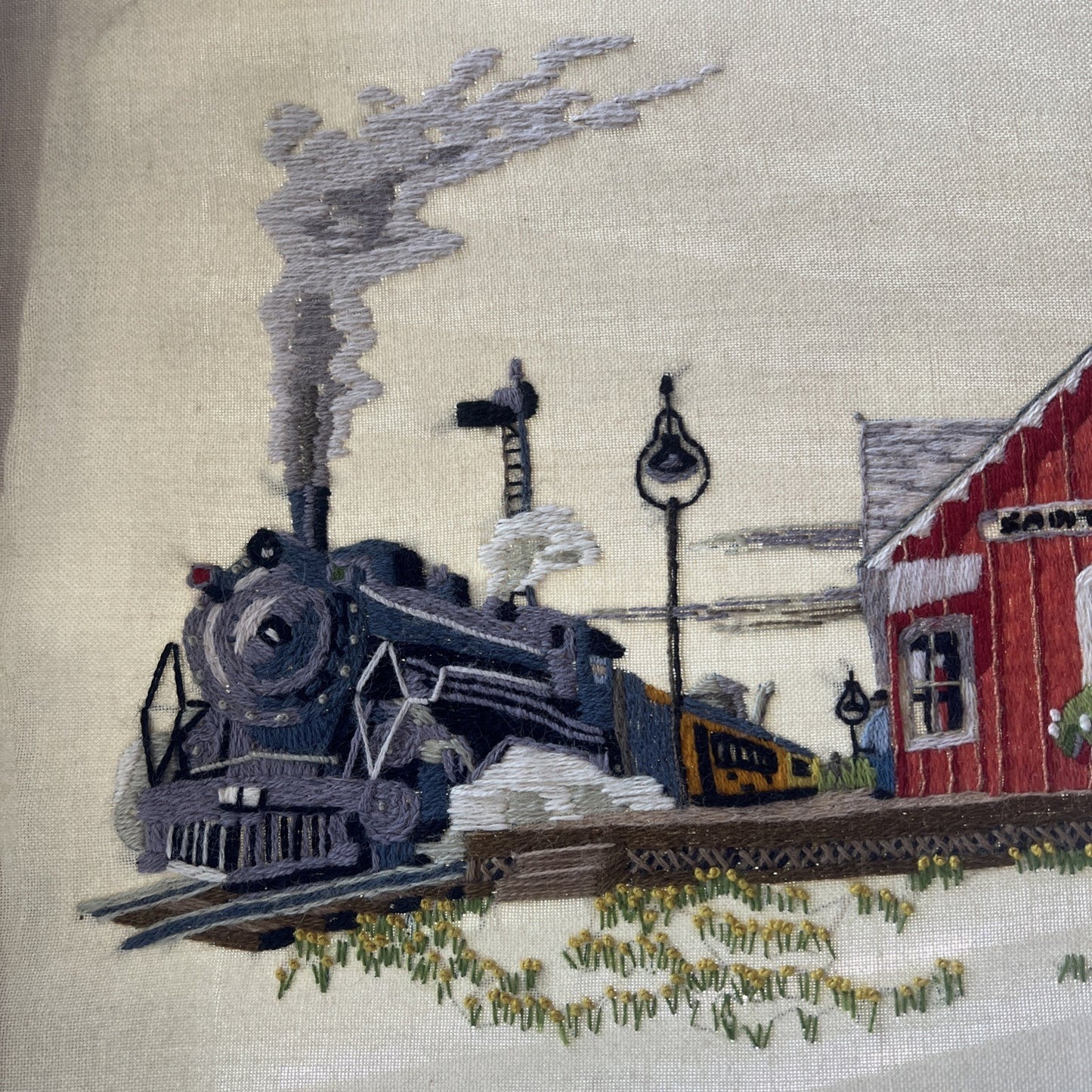 Vintage 1974 Saint James Train Station Depot RR Flag Needlepoint 19 x 23