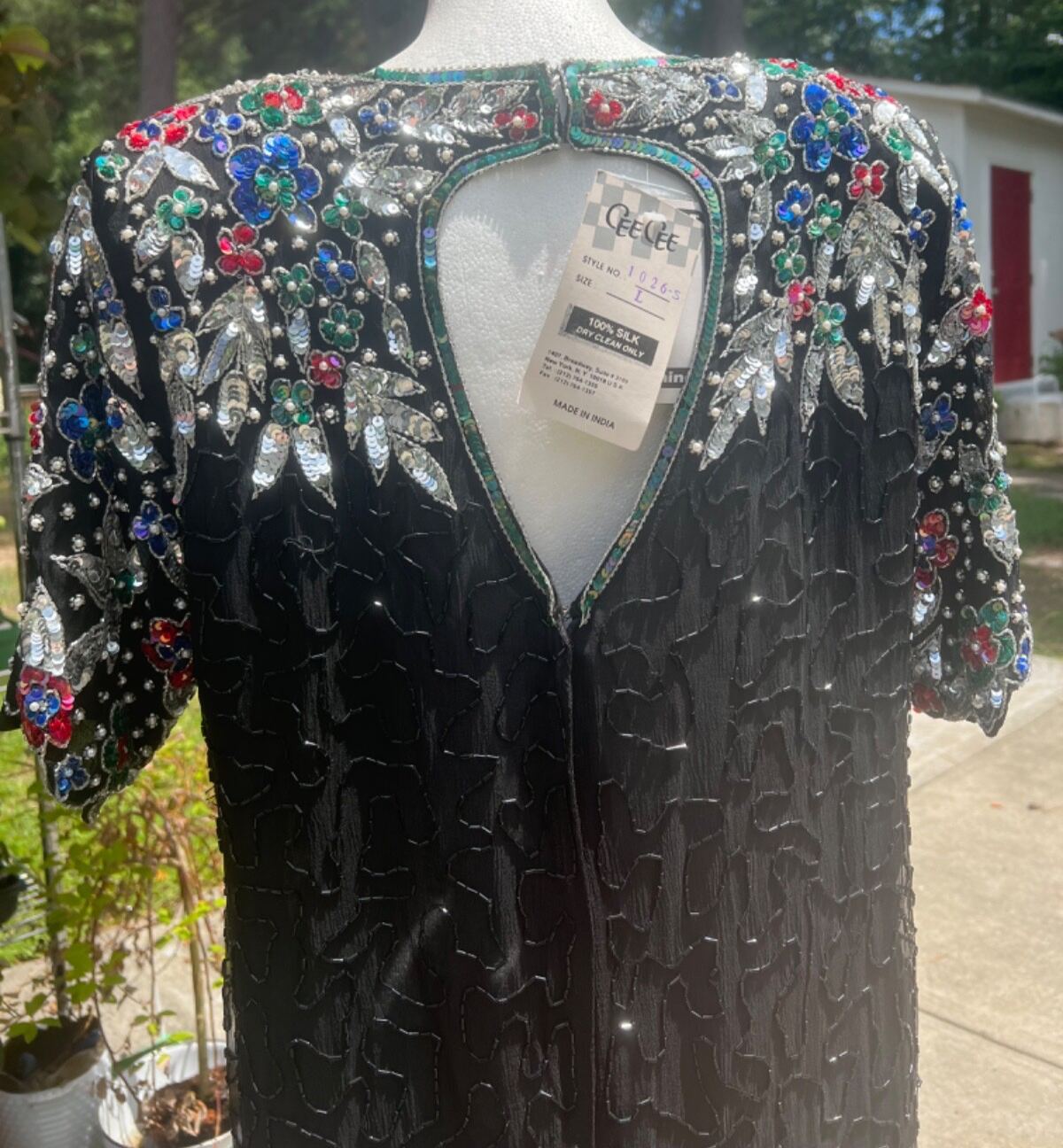 RARE NWT Vintage Cee Cee Black Silk Beaded Sequin Dress Cutout Back Cruise