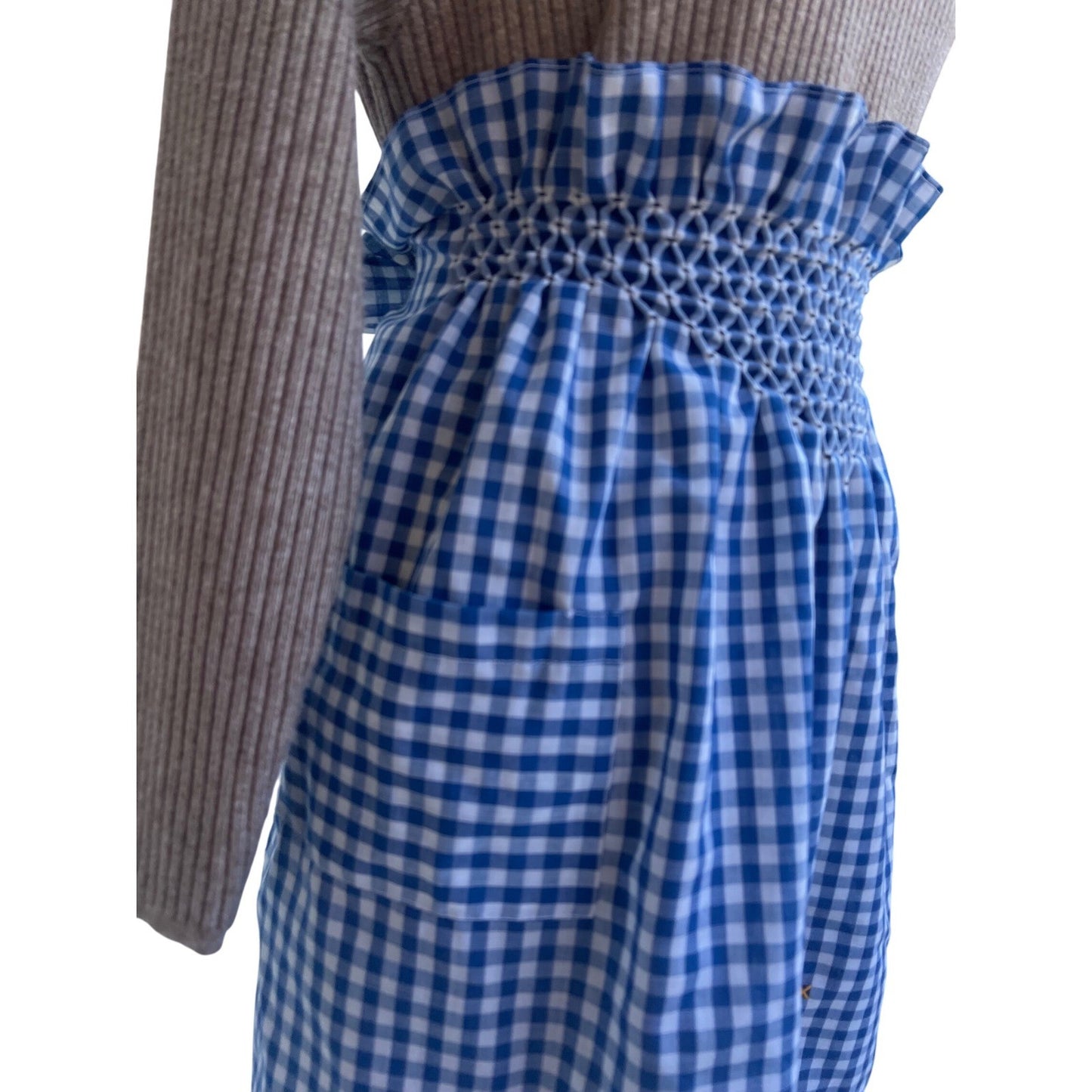 Vintage Blue Gingham Apron with pocket & Tulip Cross-stiched Needlework