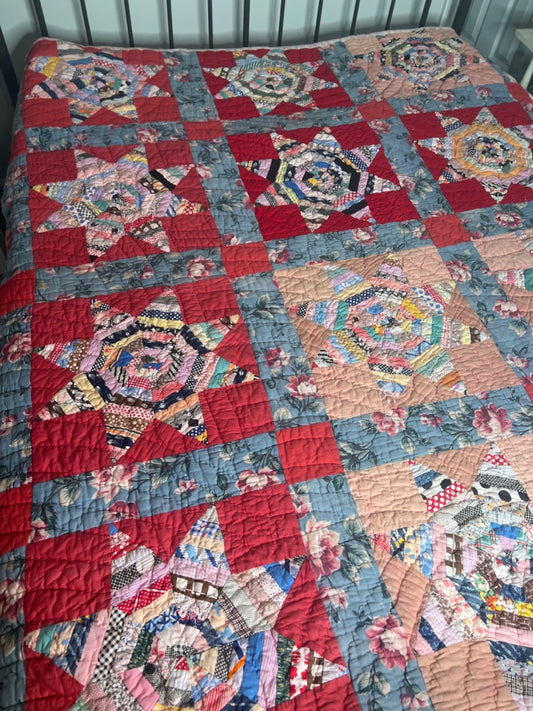 Vintage 1930-40's NC Scrappy Feedsack String Star Quilt
