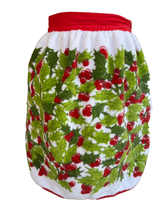 Vintage 1960s Christmas Holly Half Apron 60s Terry Cloth New Old Stock