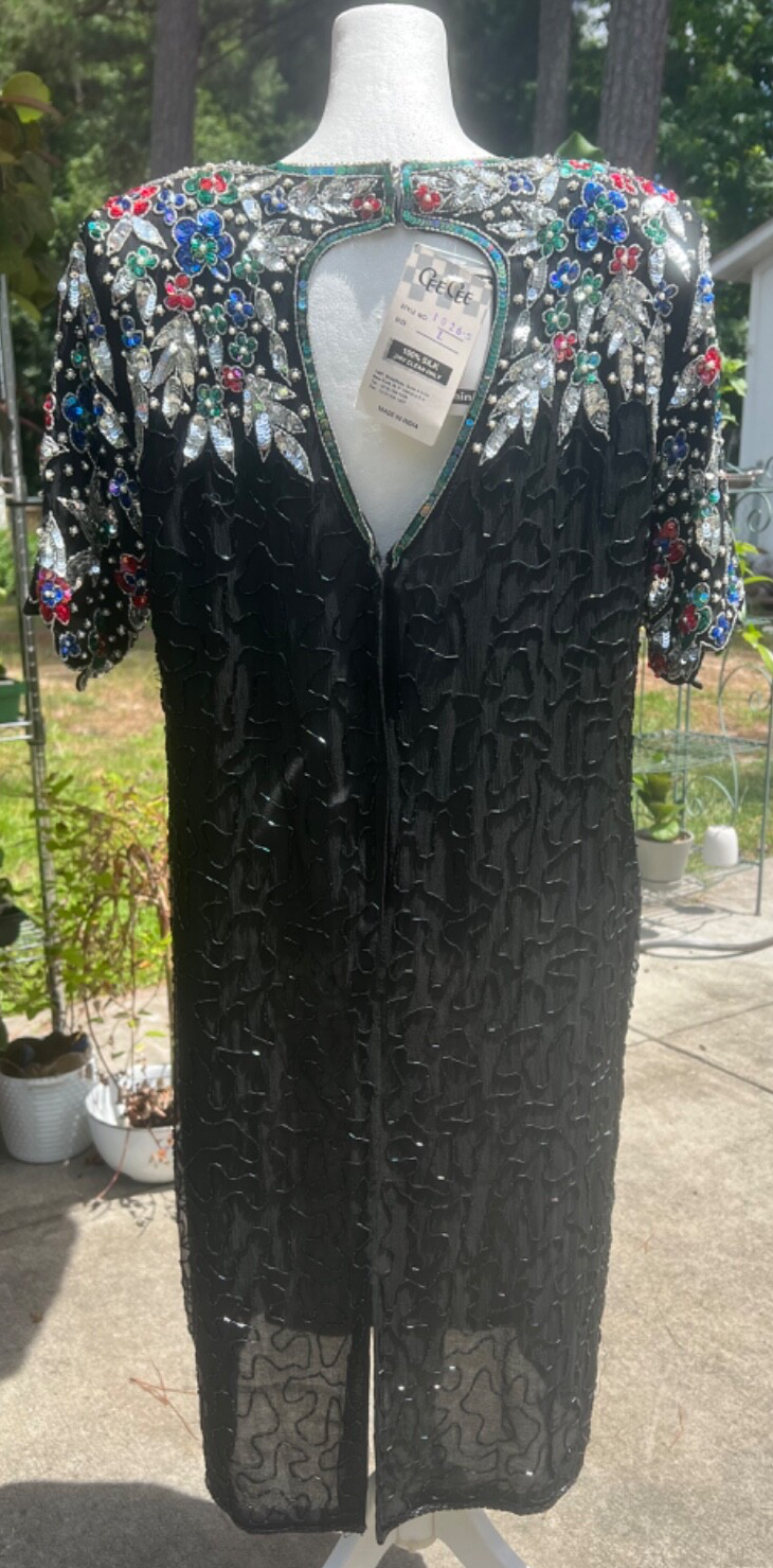 RARE NWT Vintage Cee Cee Black Silk Beaded Sequin Dress Cutout Back Cruise