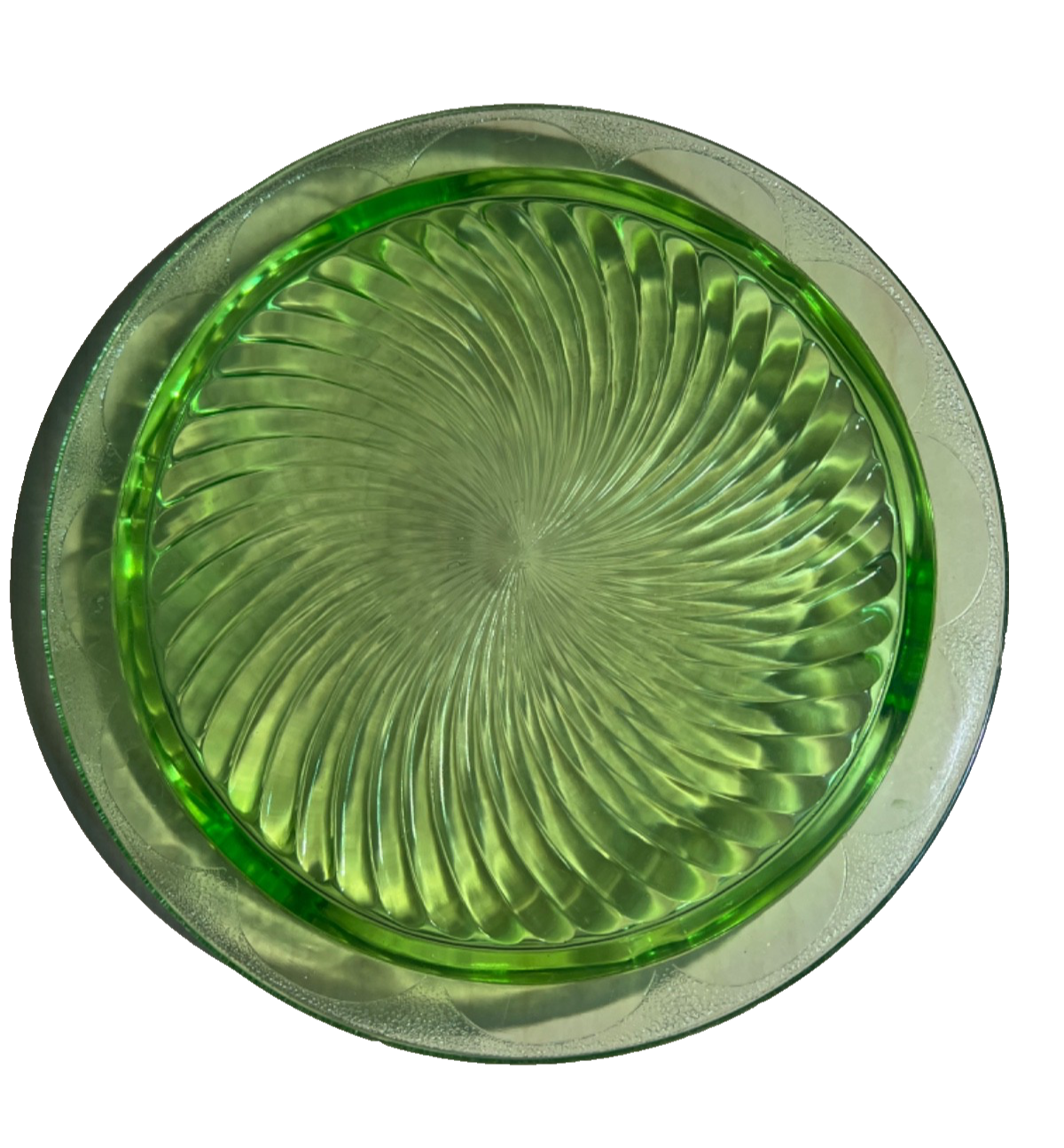 VTG Green Uranium Depression Glass Cake Plate Swirl Footed 10"