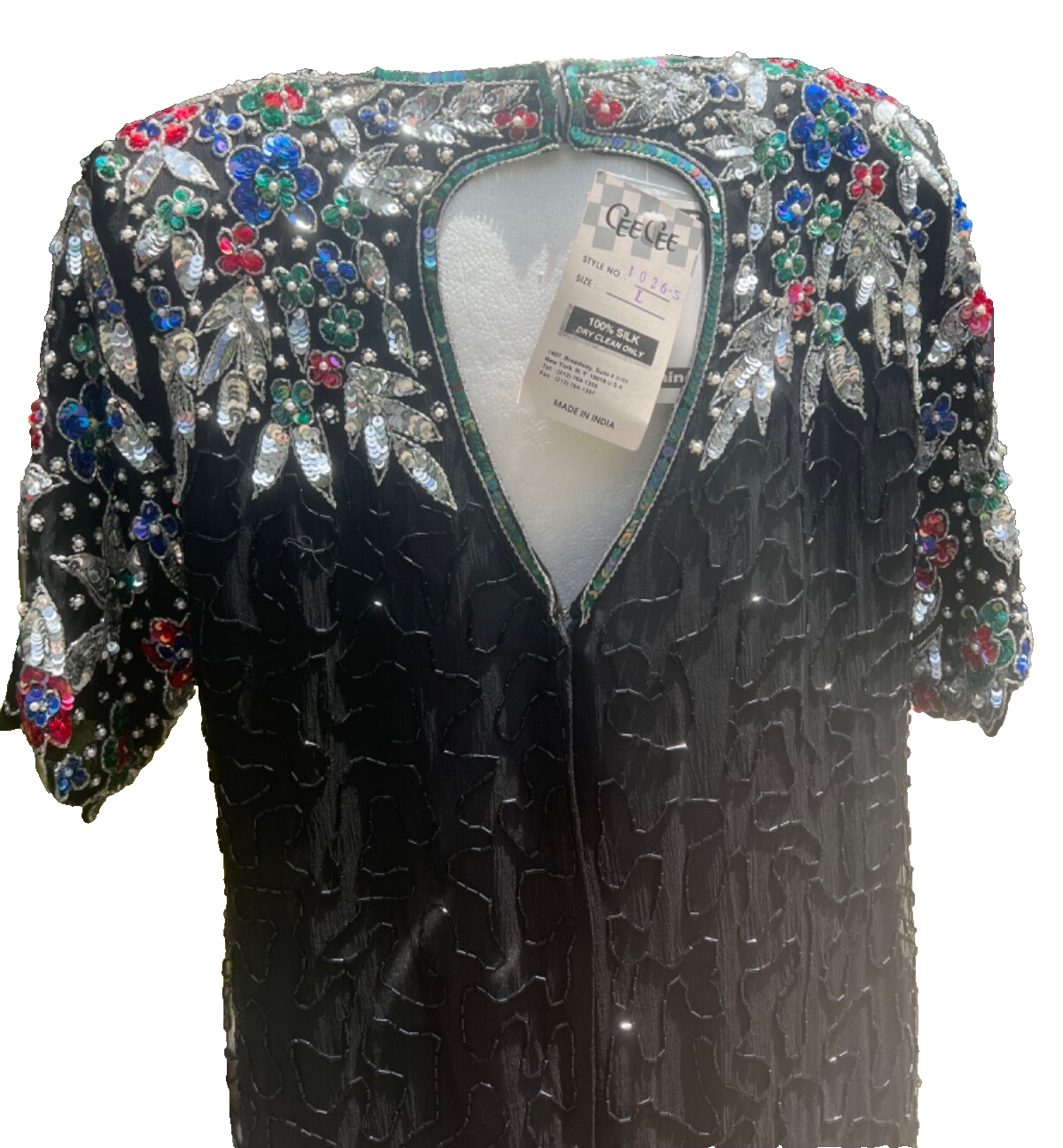 RARE NWT Vintage Cee Cee Black Silk Beaded Sequin Dress Cutout Back Cruise