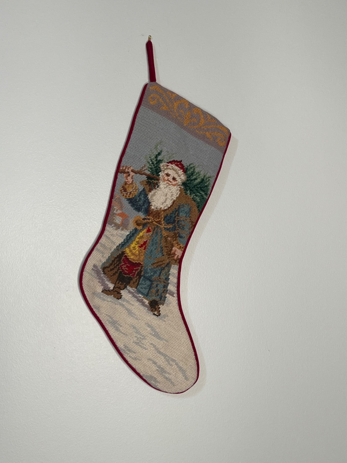 Vintage Needlepoint Christmas Stocking Santa Chimney Handmade Red Velvet