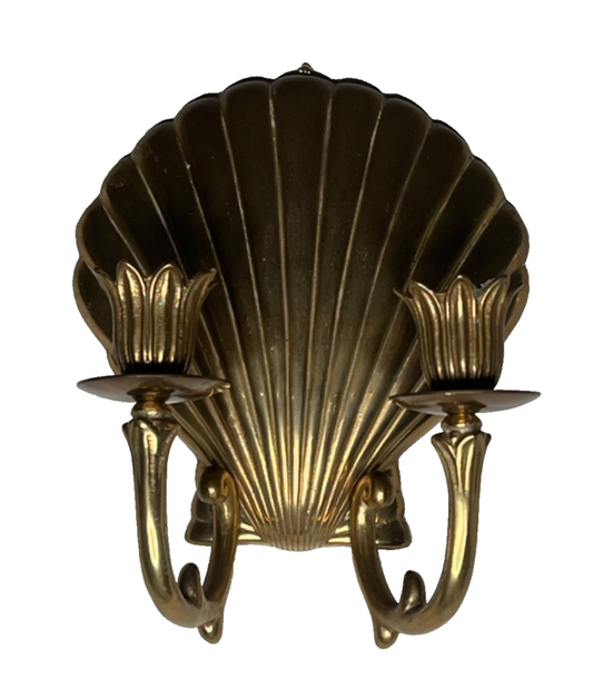 Vintage Brass Shell Double Wall Sconce Ornate Rococo Candle Holders Wall Hangers