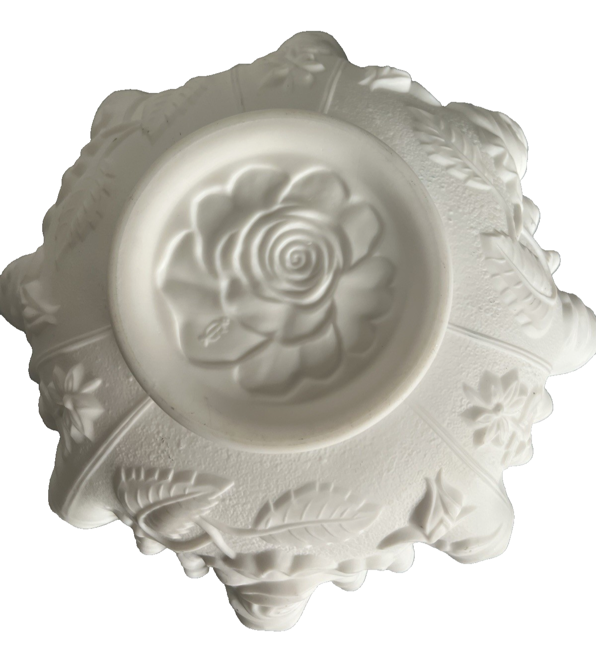 Vintage Imperial Milk Glass Bowl White Satin Roses Raised Design Crimped 9"