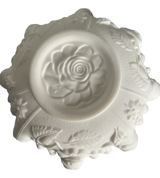 Vintage Imperial Milk Glass Bowl White Satin Roses Raised Design Crimped 9"