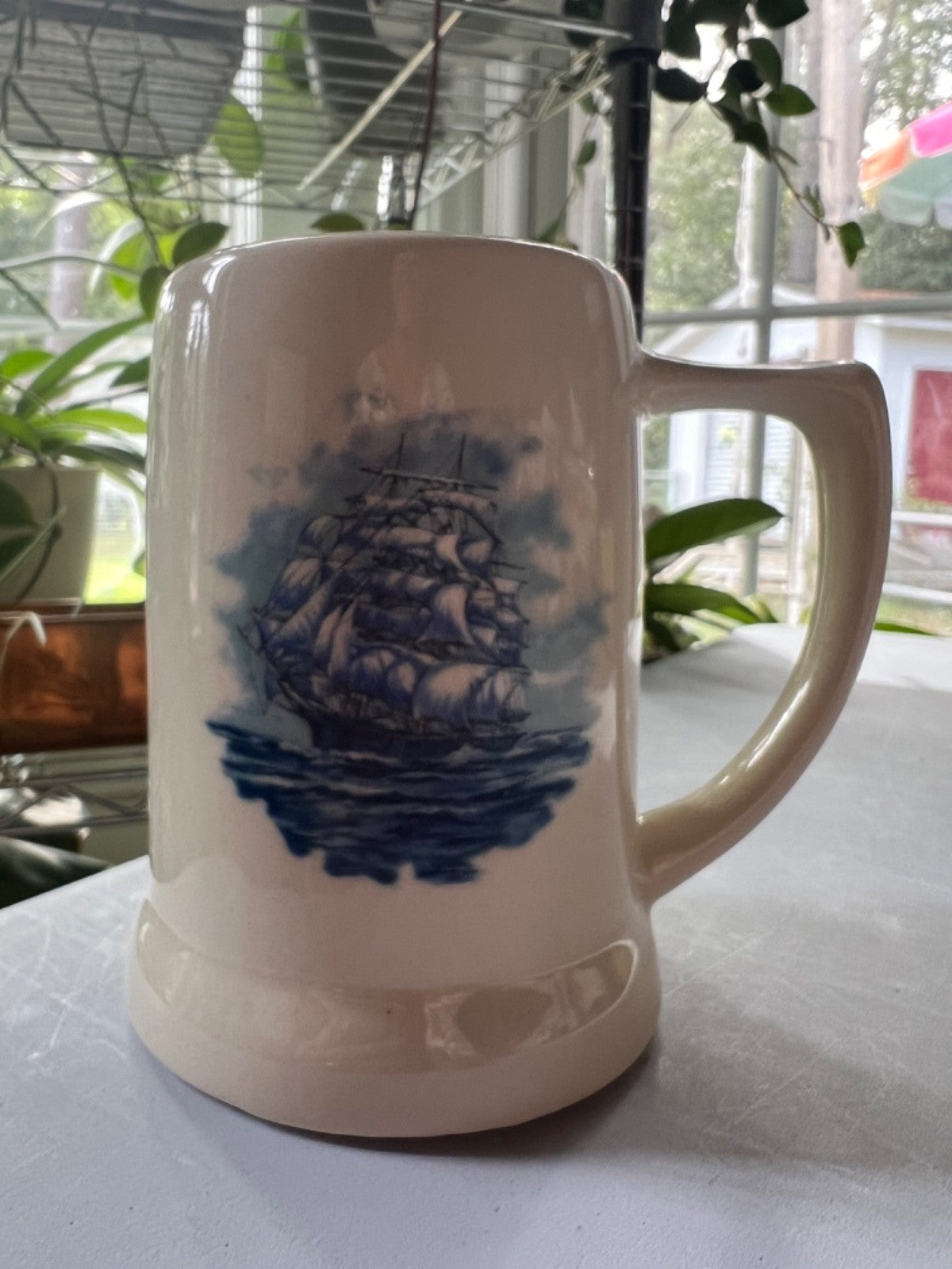 Stein with Blue Clipper Ship and Inside Mug Is Also Blue ~ Made Virginia USA
