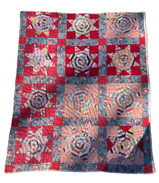 Vintage 1930-40's NC Scrappy Feedsack String Star Quilt