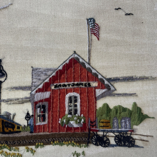 Vintage 1974 Saint James Train Station Depot RR Flag Needlepoint 19 x 23