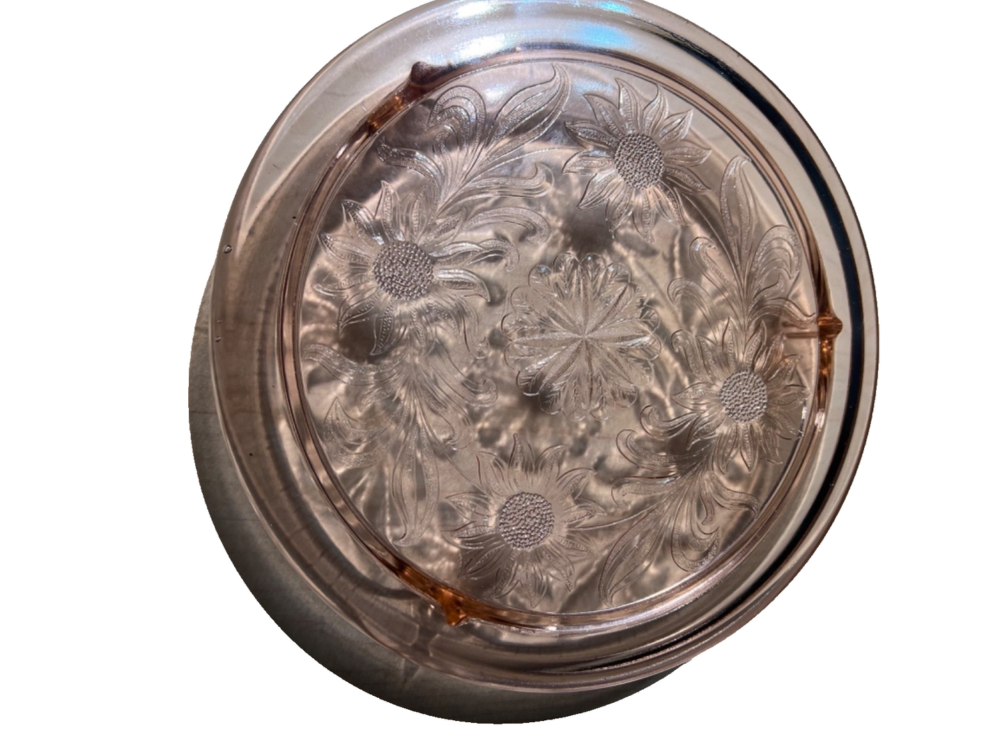 1930s Vintage Jeanette Pink Depression Glass Sunflower Footed Cake Plate 10"