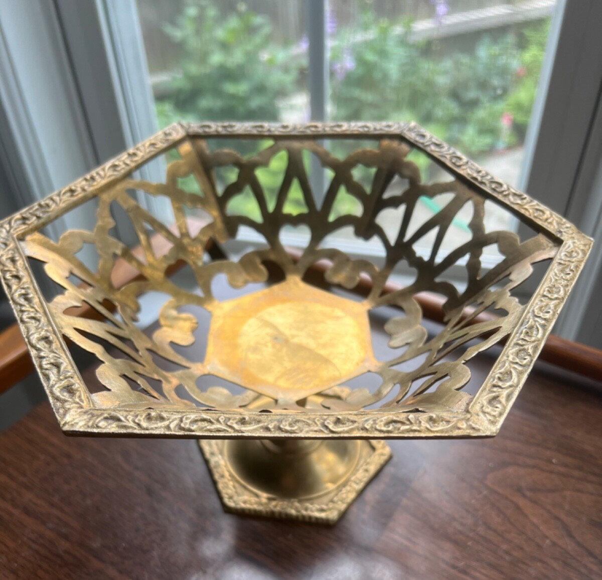Vintage Brass Pedestal Bowl with Ornate Cut Out Design & Floral Motif 9" x 5”