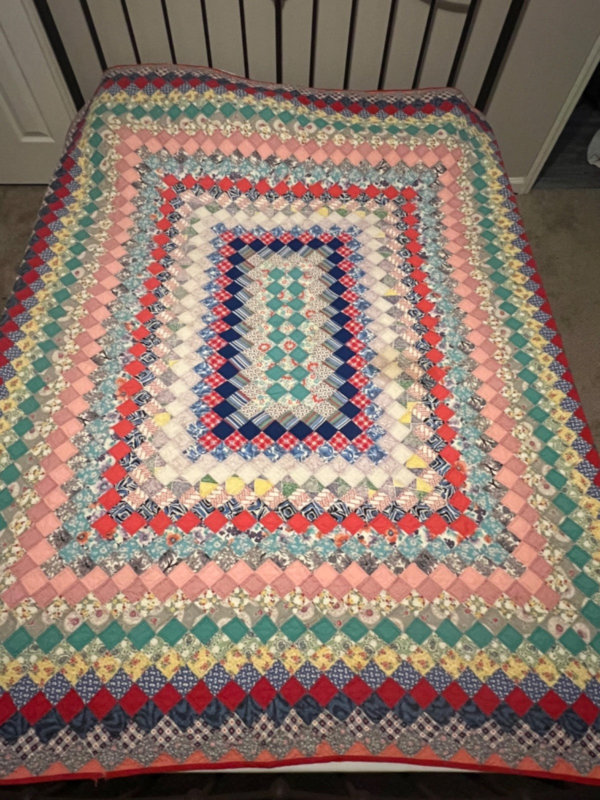 Vintage Trip Around the World Hand Pieced & Quilted Feedsack Queen Quilt