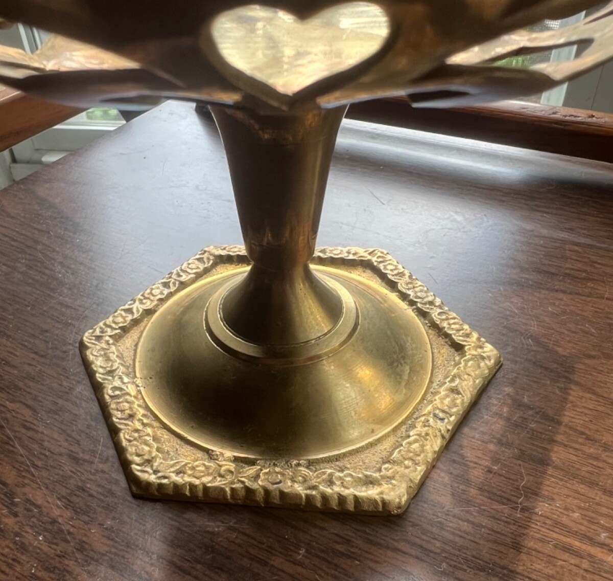 Vintage Brass Pedestal Bowl with Ornate Cut Out Design & Floral Motif 9" x 5”