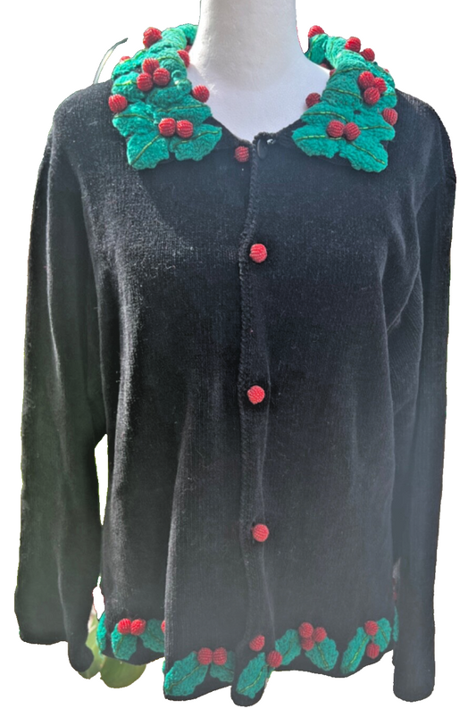 Vintage 90s Belle Pointe Womens Christmas Cardigan Sz L Black Chenille Beaded 3D