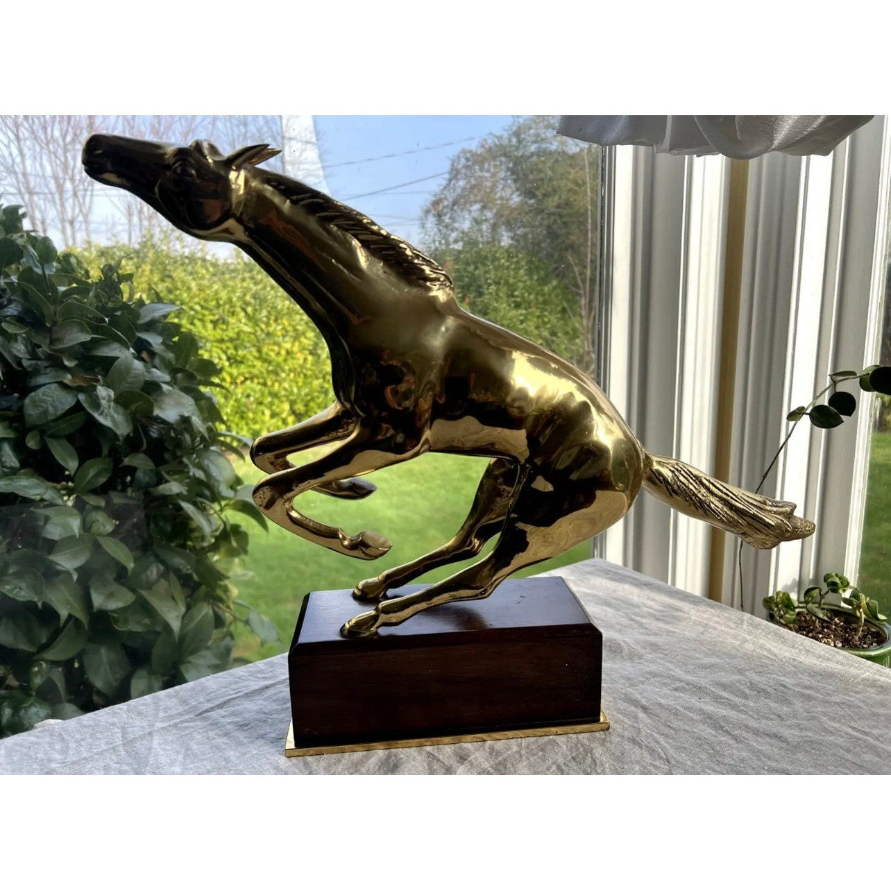 GIANT Vintage Brass Mustang Horse on wood base