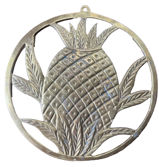 Vintage Solid Brass Pineapple Trivet Pot Holder Wall Hanging Decor Footed 7” D