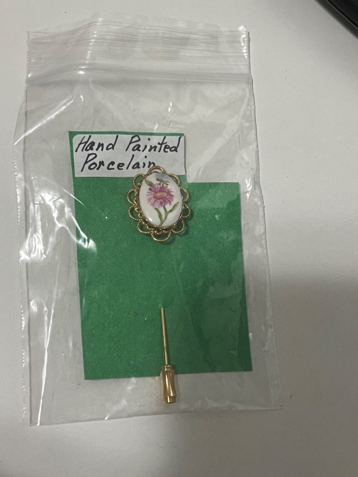 Antique Victorian Hand Painted Porcelain Floral Stick Pin Brooch