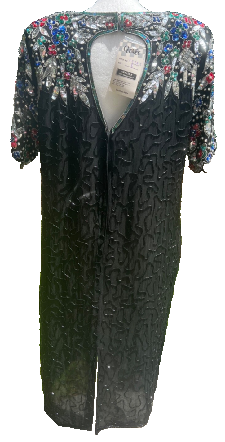 RARE NWT Vintage Cee Cee Black Silk Beaded Sequin Dress Cutout Back Cruise