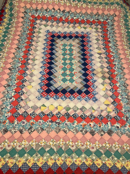 Vintage Trip Around the World Hand Pieced & Quilted Feedsack Queen Quilt